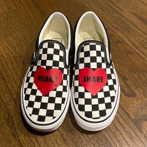 Vans Black & White Checkerboard Slip-On Sneakers with Red Heart Graphics